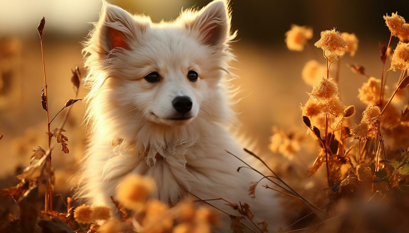 Cute puppy sitting on grass, enjoying nature beauty in autumn generated by AI photo