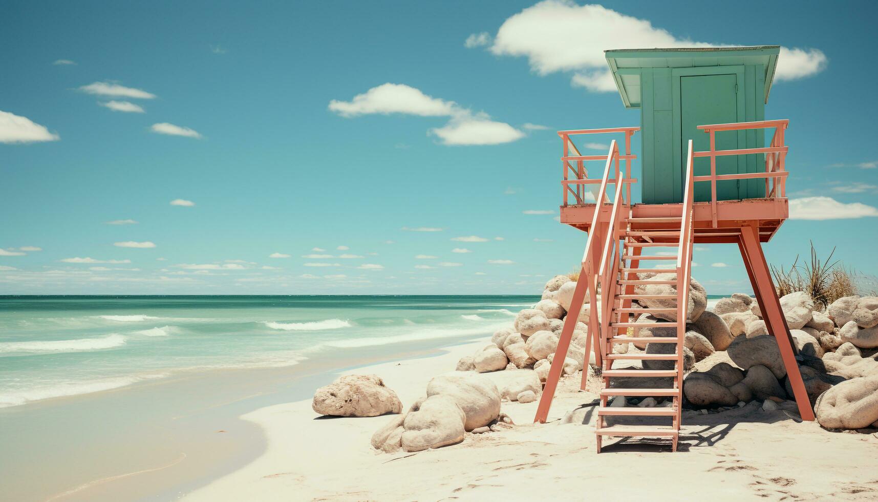Lifeguard hut on the coastline, water, ladder, travel, fun, steps generated by AI photo