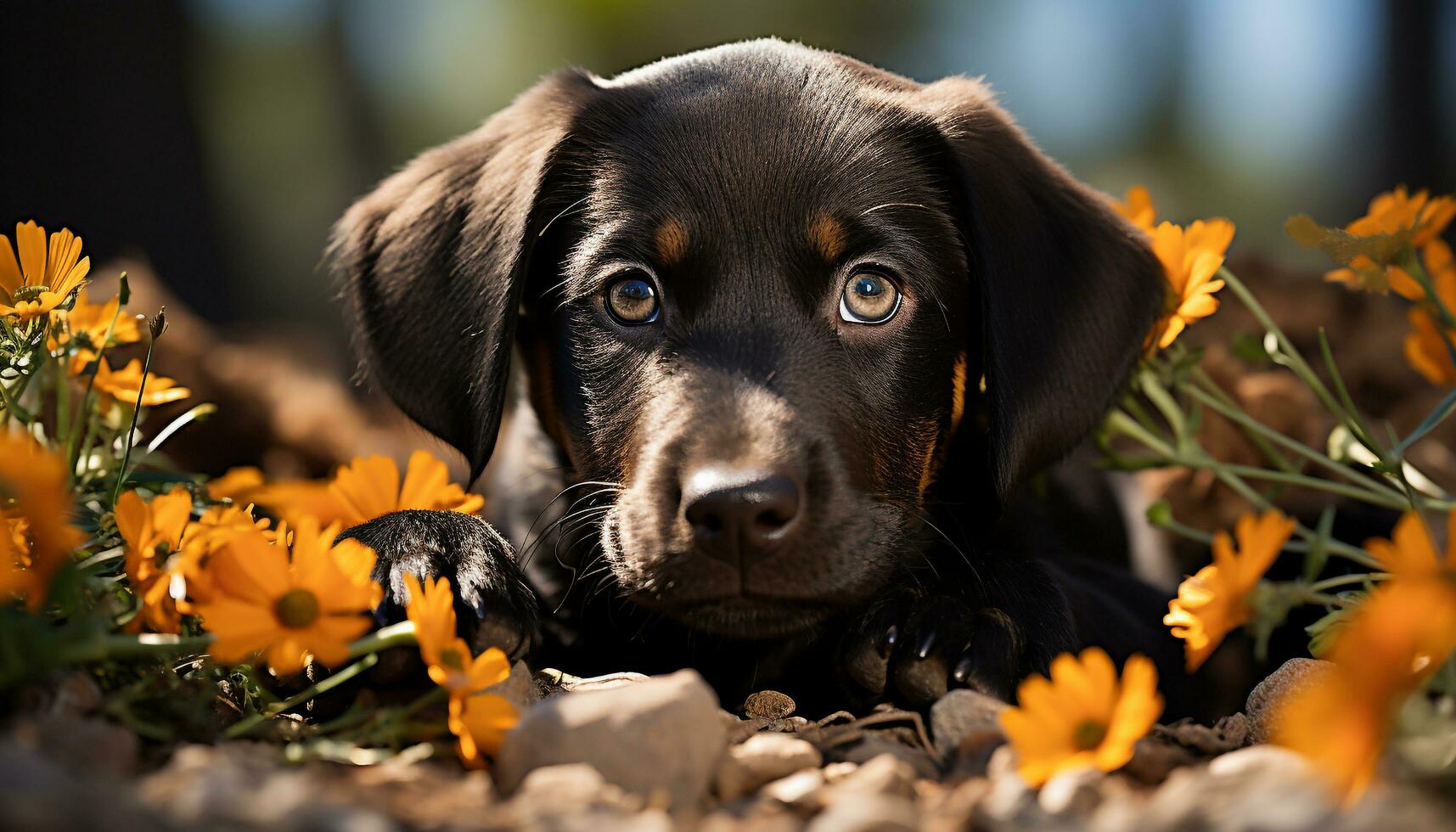 Cute puppy sitting on grass, looking at camera with friendship generated by AI photo