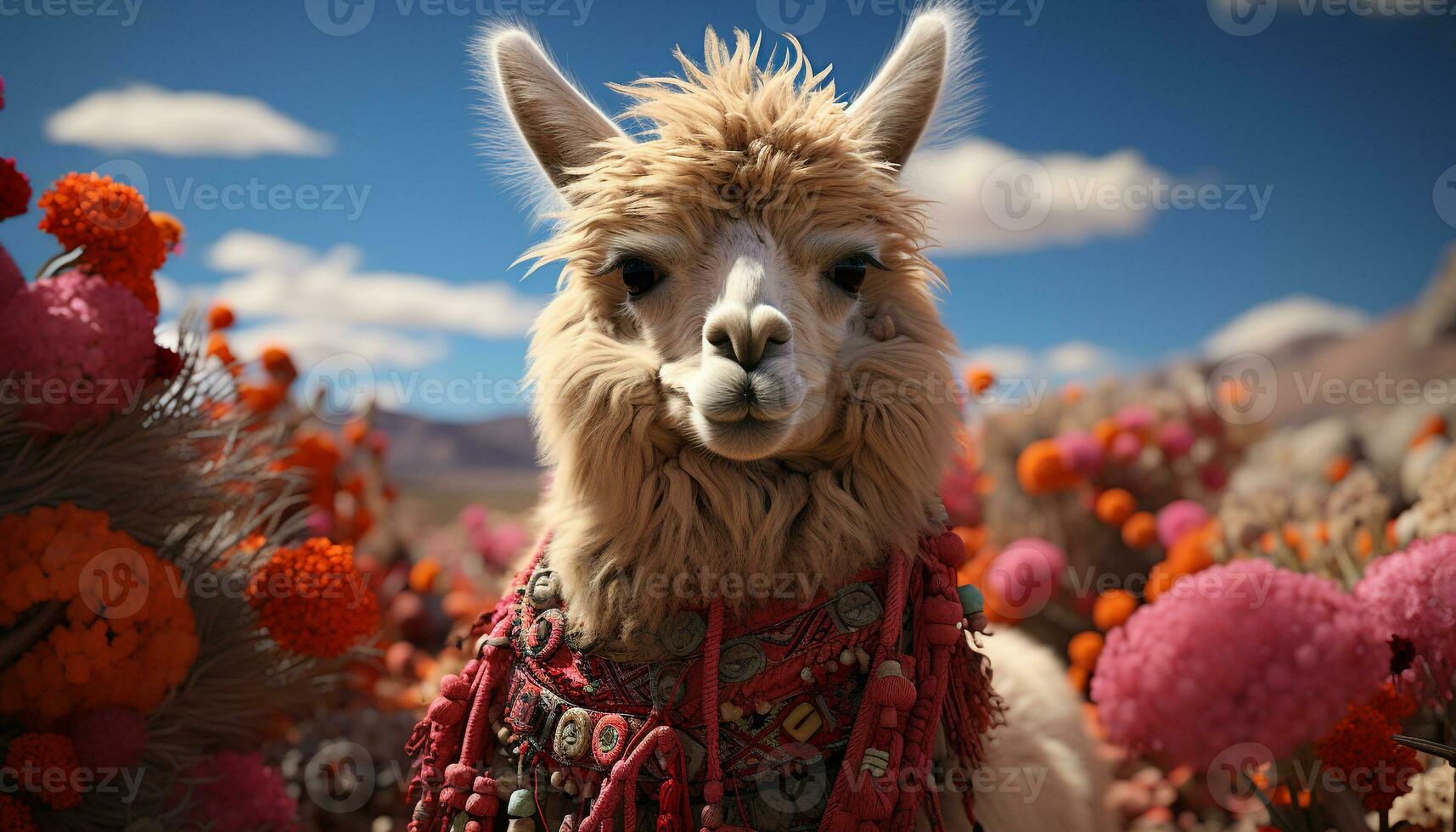 Cute alpaca, fluffy fur, looking at camera in beautiful meadow generated by AI photo