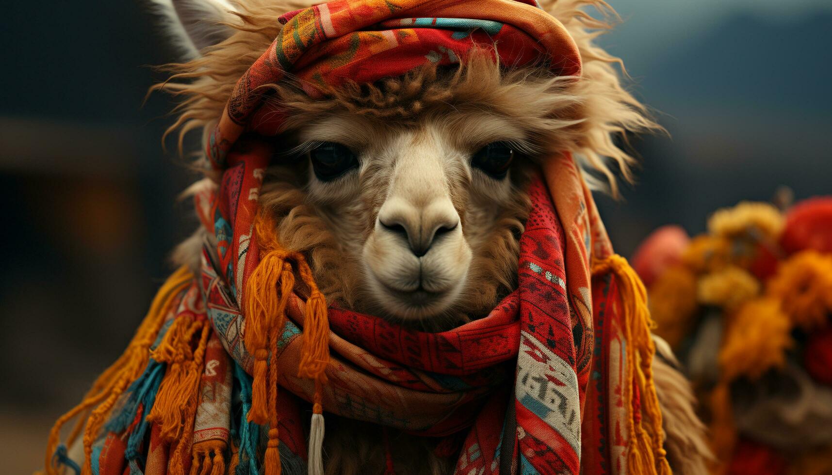 A cute alpaca, adorned in colorful wool, looks at the camera generated by AI photo