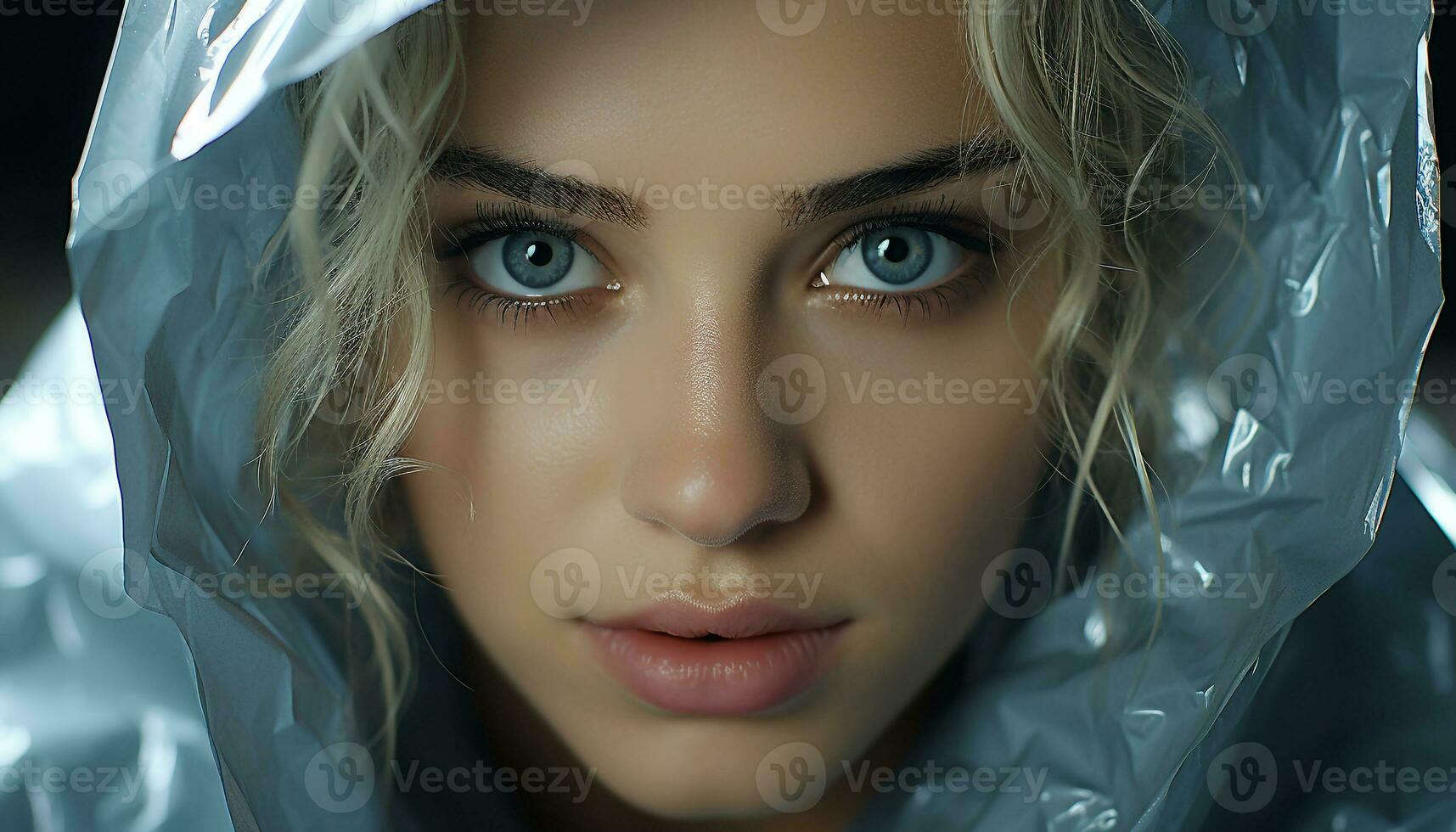 A beautiful young woman with blue eyes looking at the camera generated by AI photo