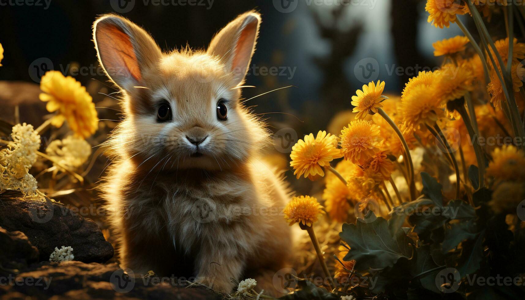 Fluffy baby rabbit sitting in green meadow, enjoying spring generated by AI photo