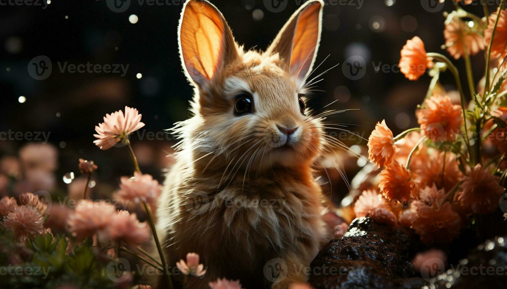 Cute baby rabbit sitting in grass, looking at camera generated by AI photo