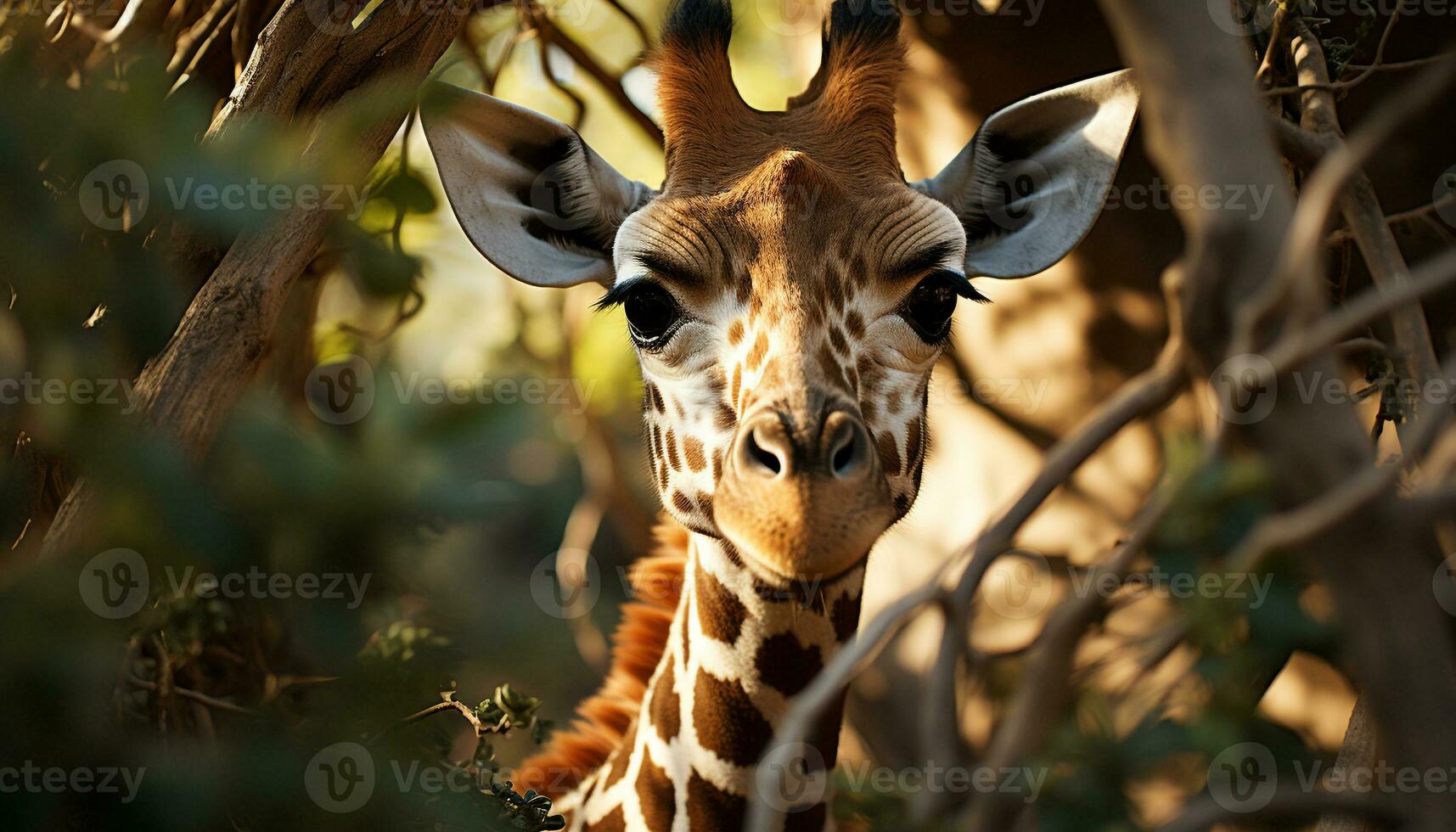 Giraffe standing in the savannah, looking at camera, elegant and cute generated by AI photo