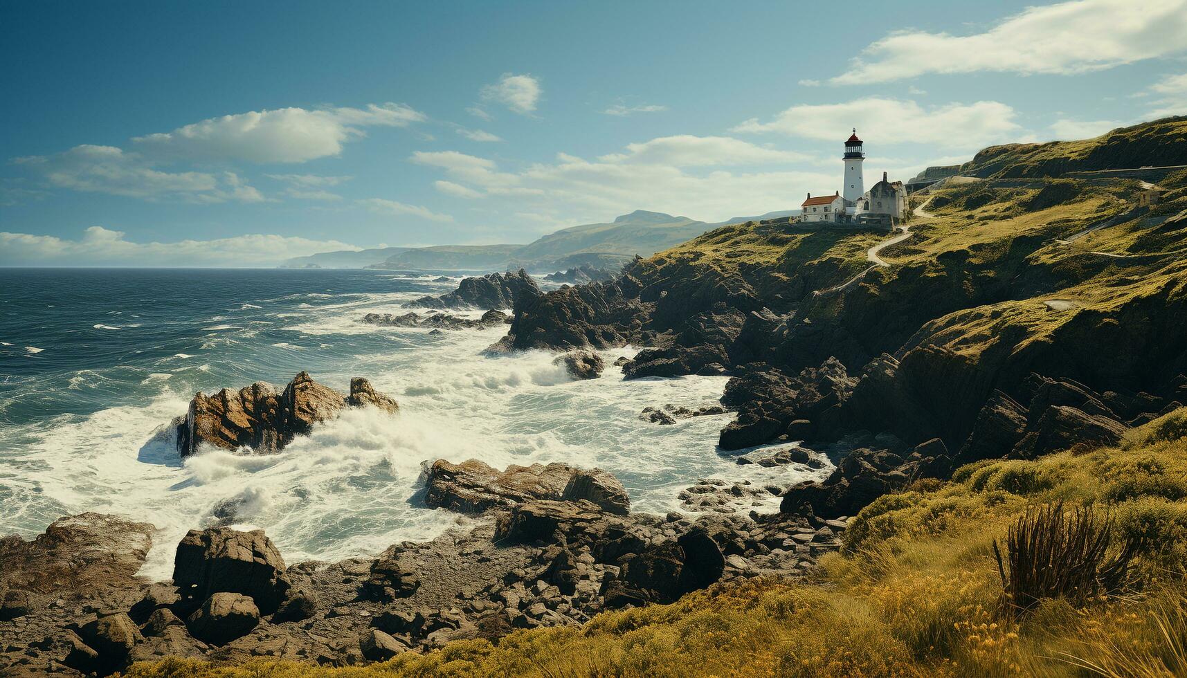 Tranquil scene Asturias coastline, sunset over remote cliff landscape generated by AI photo