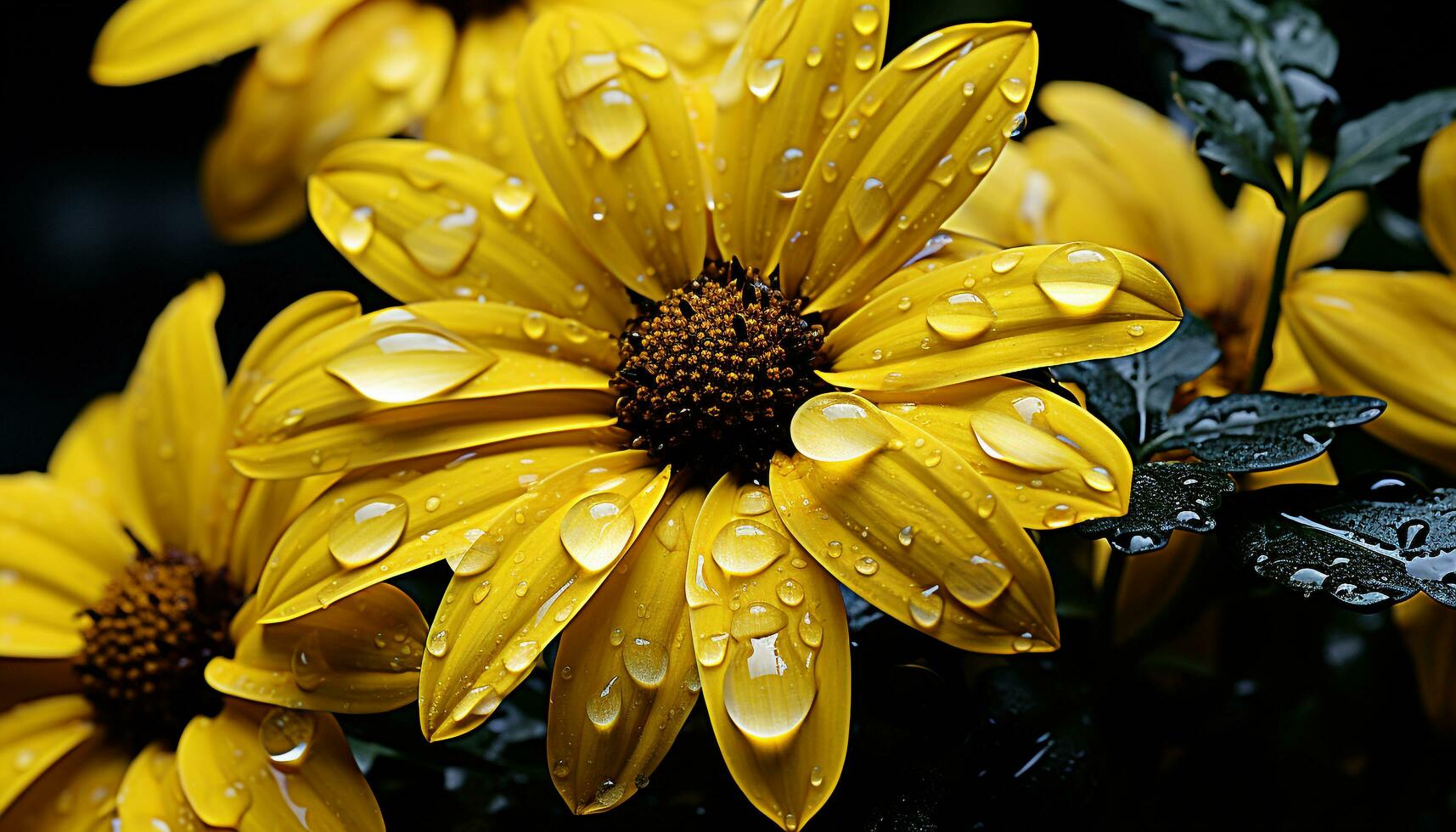 vibrante amarillo margarita, mojado con Rocío, refleja belleza en naturaleza generado por ai foto