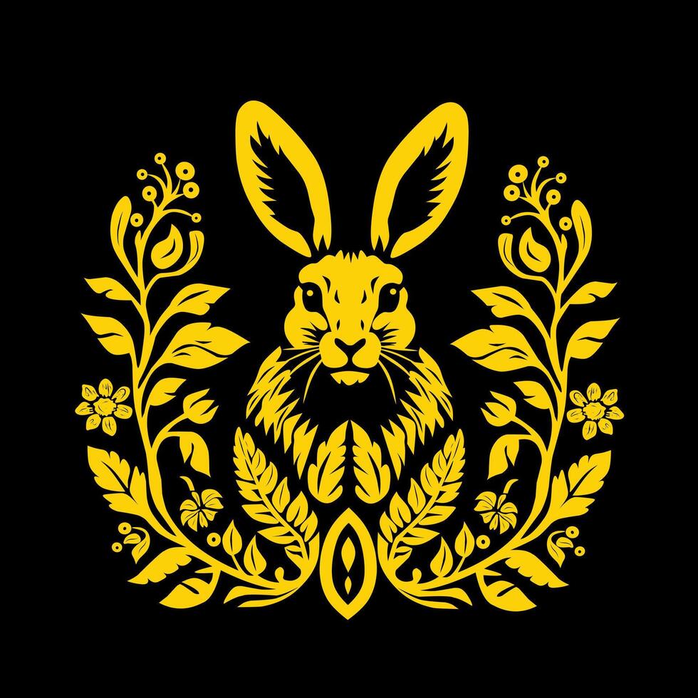 Rabbit illustration design with a gold flower frame on a black background vector