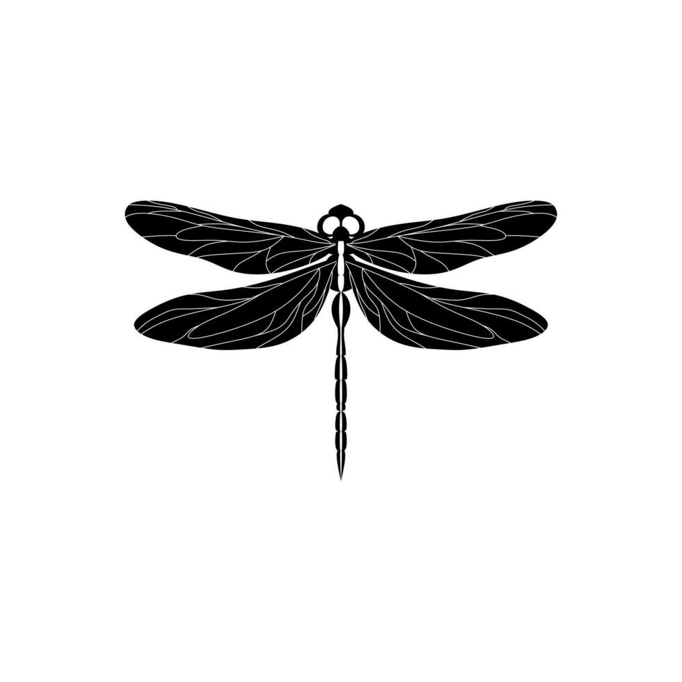 Silhouette of a dragonfly. Glyph icon of insect, simple shape of damselfly. Black vector illustration on white. Perfect for decoration, carving, design.