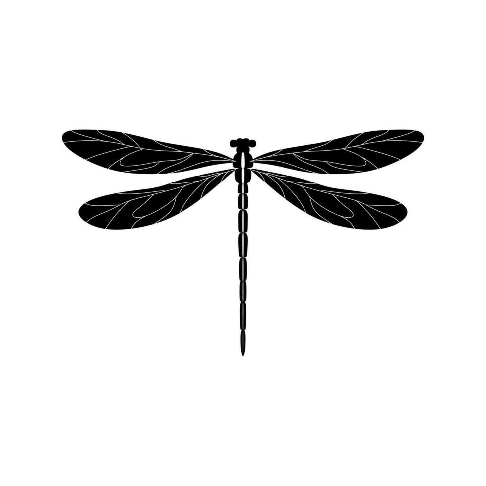 Silhouette of a dragonfly. Glyph icon of insect, simple shape of damselfly. Black vector illustration on white. Perfect for decoration, carving, design.