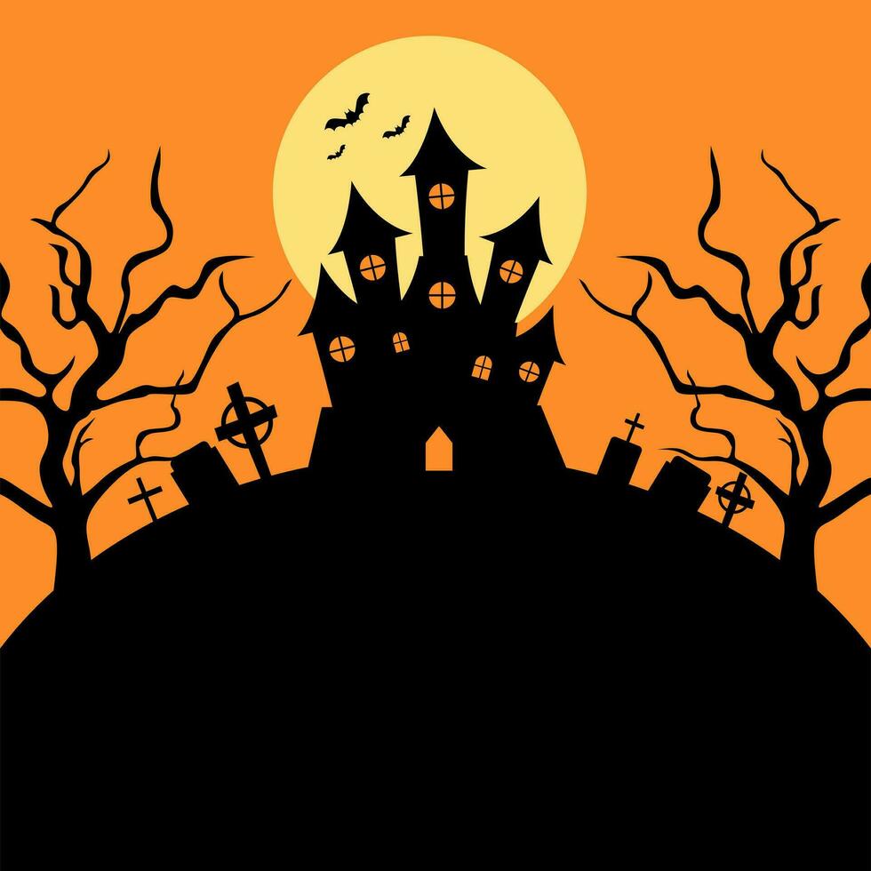 Víspera de Todos los Santos castillo con luz de la luna plano diseño. obsesionado casa escalofriante castillo. haloween fiesta firmar vector cubrir ilustración. helloween icono recopilación. plano diseño dibujos animados concepto