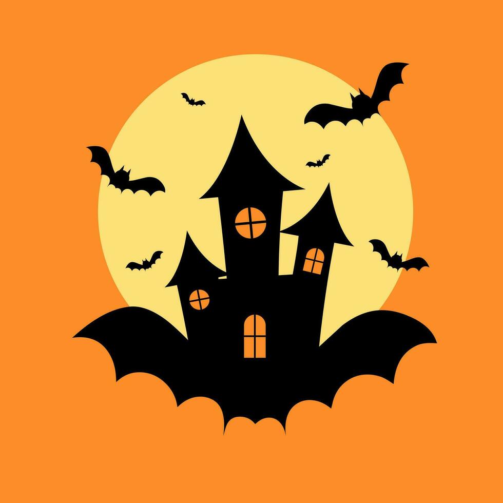 Víspera de Todos los Santos castillo con luz de la luna plano diseño. obsesionado casa escalofriante castillo. haloween fiesta firmar vector cubrir ilustración. helloween icono recopilación. plano diseño dibujos animados concepto