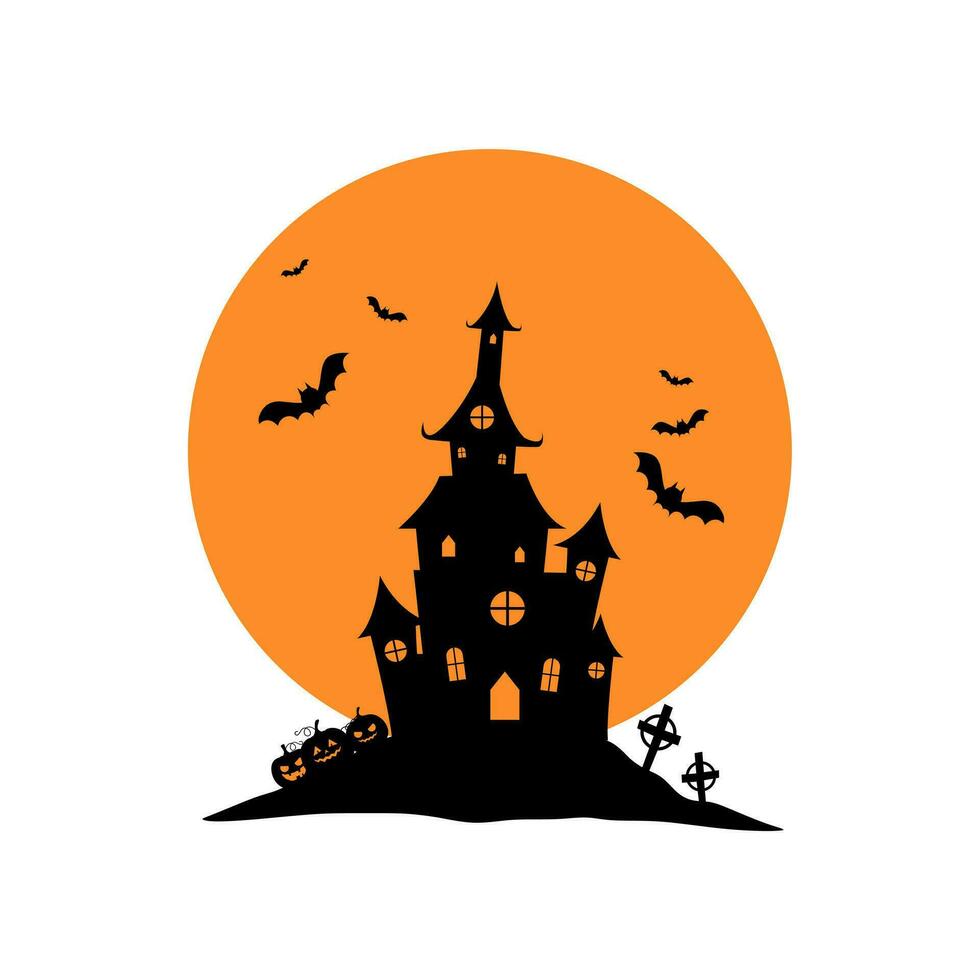 halloween castle with moonlight flat design. Haunted house spooky castle. Haloween party sign vector cover illustration. helloween icon collection. Flat design cartoon concept