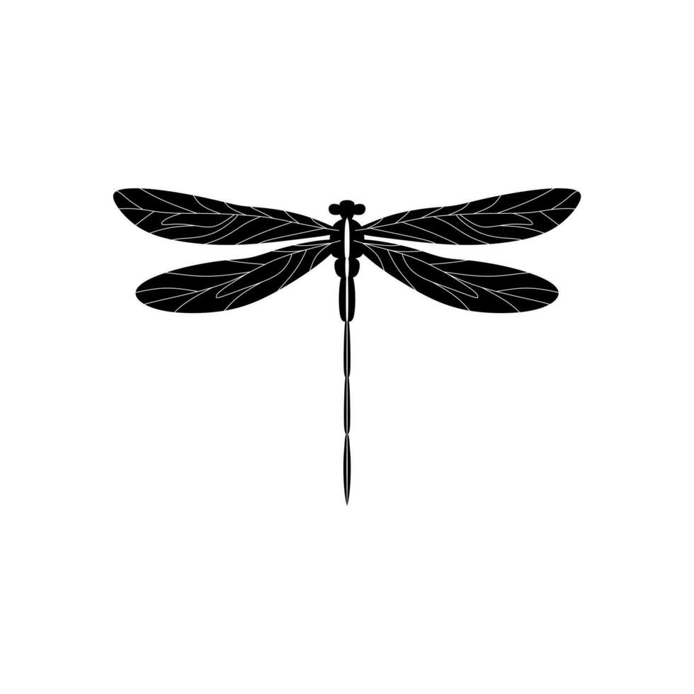Silhouette of a dragonfly. Glyph icon of insect, simple shape of damselfly. Black vector illustration on white. Perfect for decoration, carving, design.