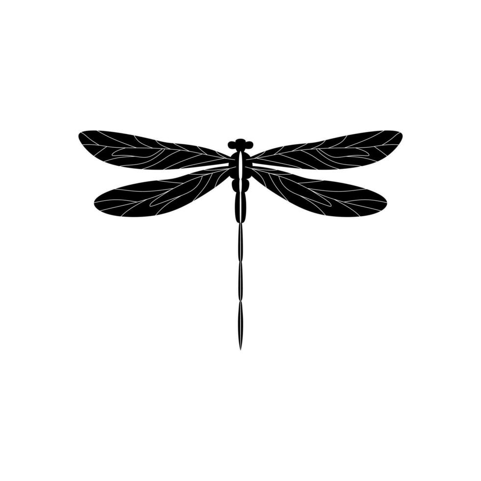 Silhouette of a dragonfly. Glyph icon of insect, simple shape of damselfly. Black vector illustration on white. Perfect for decoration, carving, design.