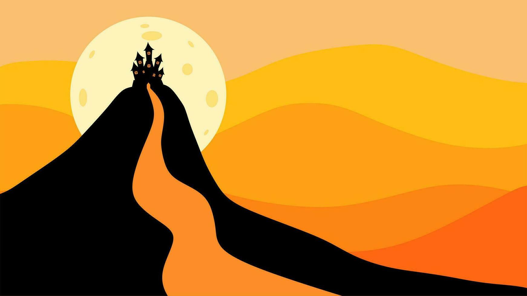 Halloween Castle flat design vector illustration. Halloween banner with silhouette of scary castle on orange background with full Moon. Illustration for holiday cards, invitations, banners