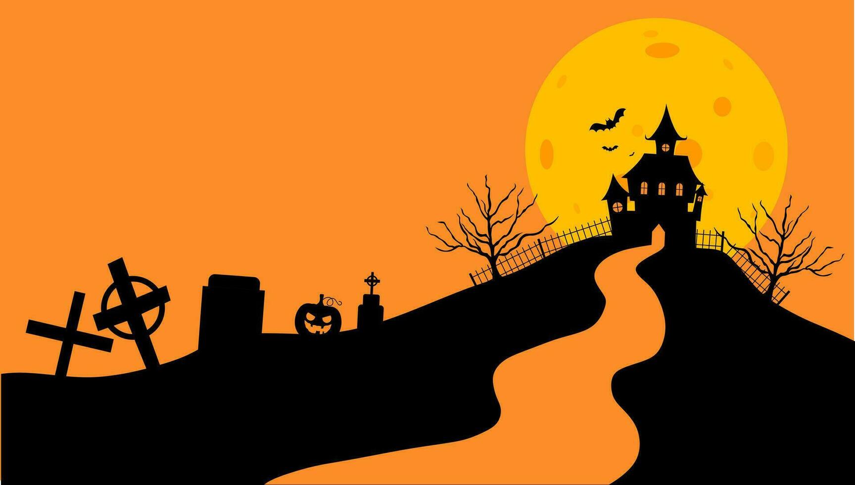 Halloween Castle flat design vector illustration. Halloween banner with silhouette of scary castle on orange background with full Moon. Illustration for holiday cards, invitations, banners