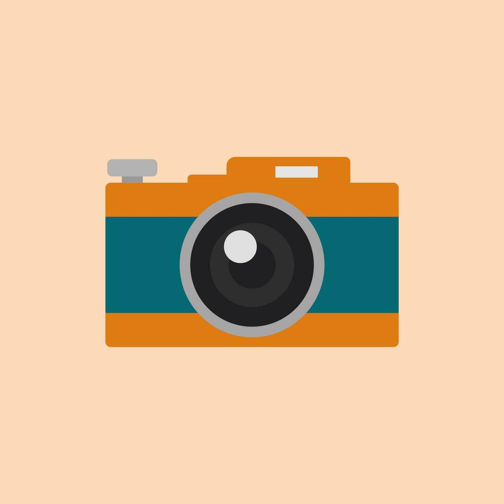 retro camera flat design vector illustration. Vector illustration. Cute film retro photo camera. Modern digital device with lens in vintage style. Sticker with contour. Isolated on color background