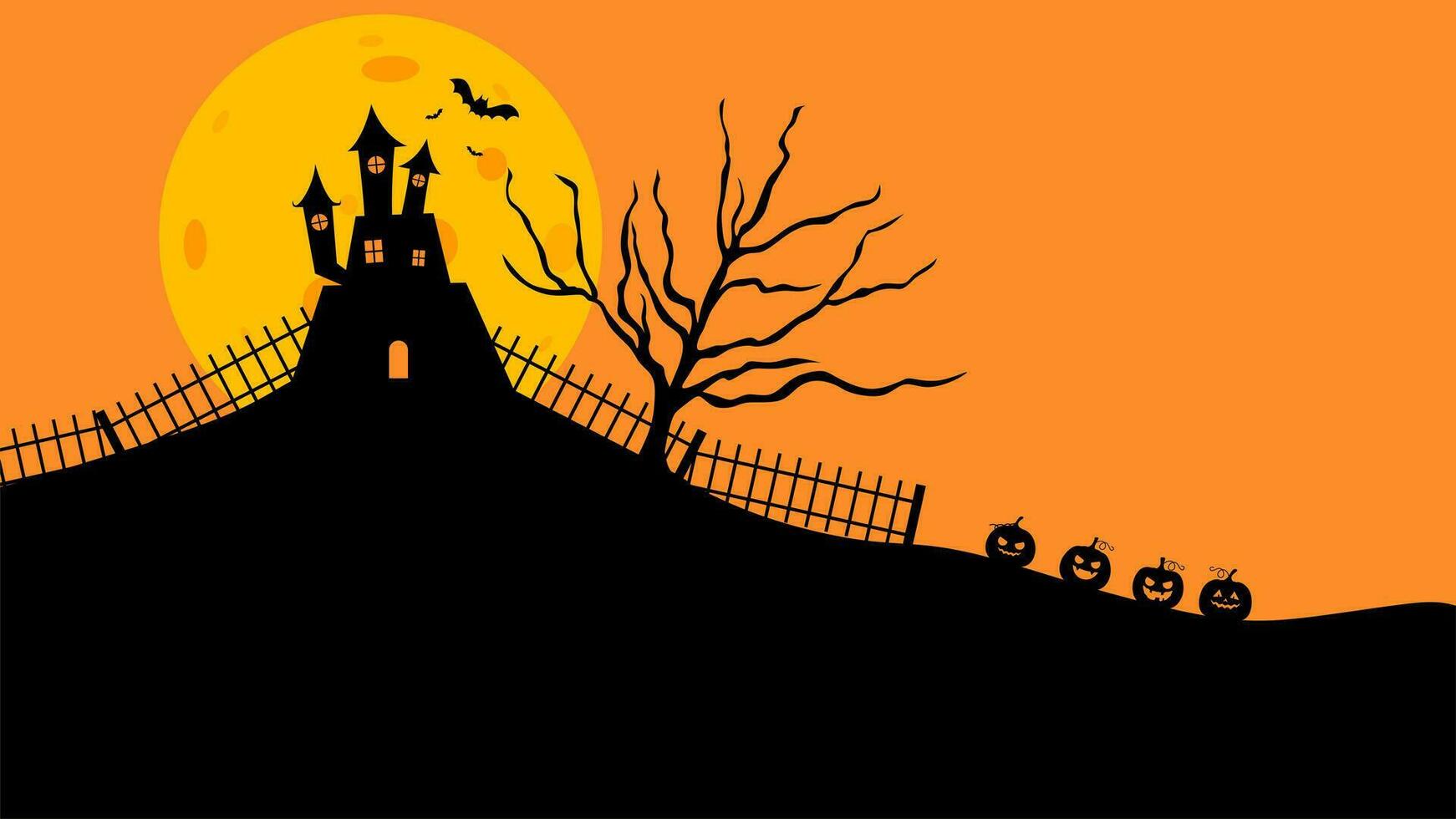 Halloween Castle flat design vector illustration. Halloween banner with silhouette of scary castle on orange background with full Moon. Illustration for holiday cards, invitations, banners