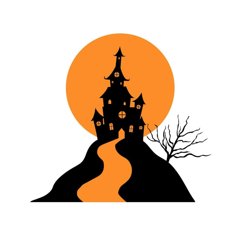 Víspera de Todos los Santos castillo con luz de la luna plano diseño. obsesionado casa escalofriante castillo. haloween fiesta firmar vector cubrir ilustración. helloween icono recopilación. plano diseño dibujos animados concepto