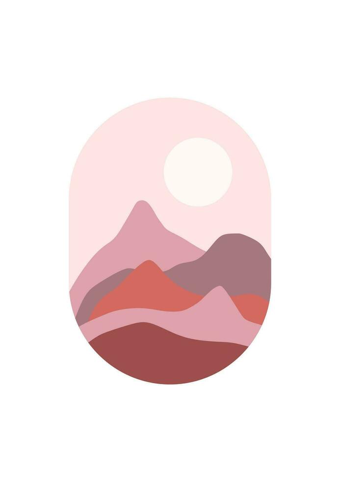 Abstract Mountain Aesthetic Backgrounds Landscapes. Desert abstract bohemian. Modern background flat design, contemporary boho sun moon mountains and cactus minimalist wall decor. Vector art print