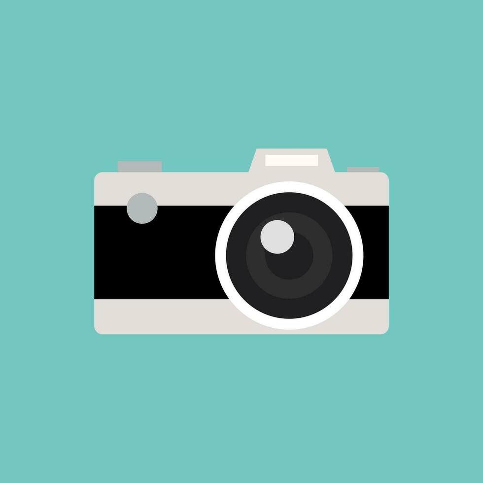 retro camera flat design vector illustration. Vector illustration. Cute film retro photo camera. Modern digital device with lens in vintage style. Sticker with contour. Isolated on color background