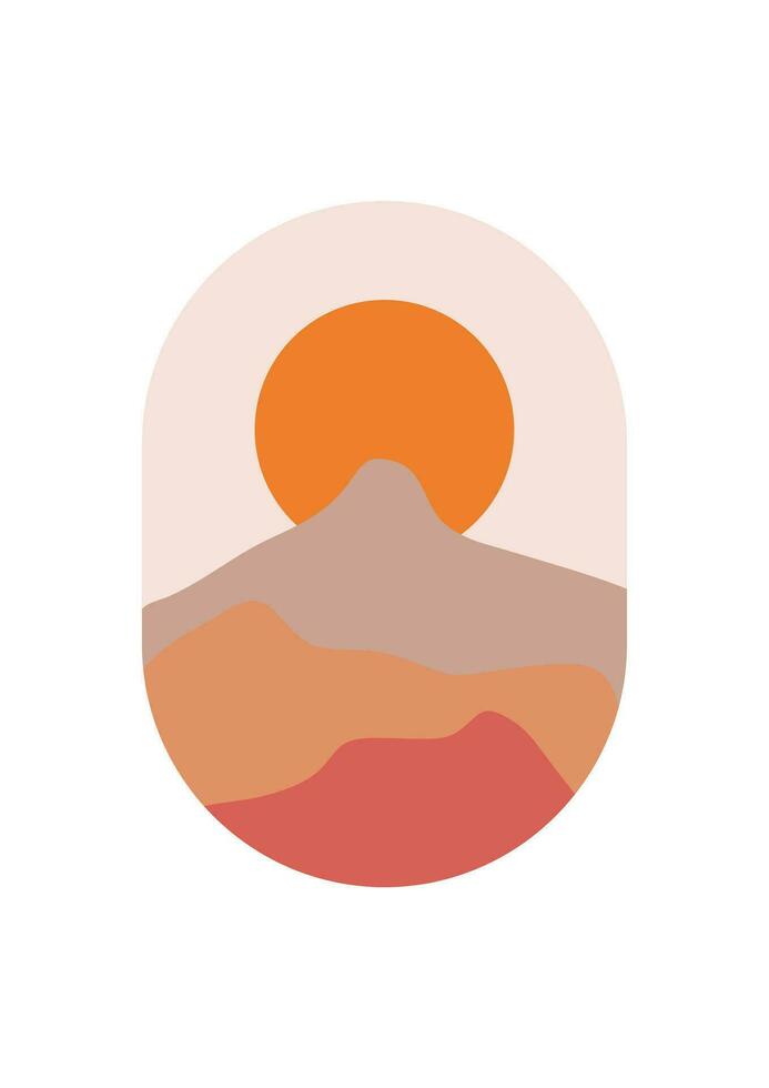 Abstract Mountain Aesthetic Backgrounds Landscapes. Desert abstract bohemian. Modern background flat design, contemporary boho sun moon mountains and cactus minimalist wall decor. Vector art print