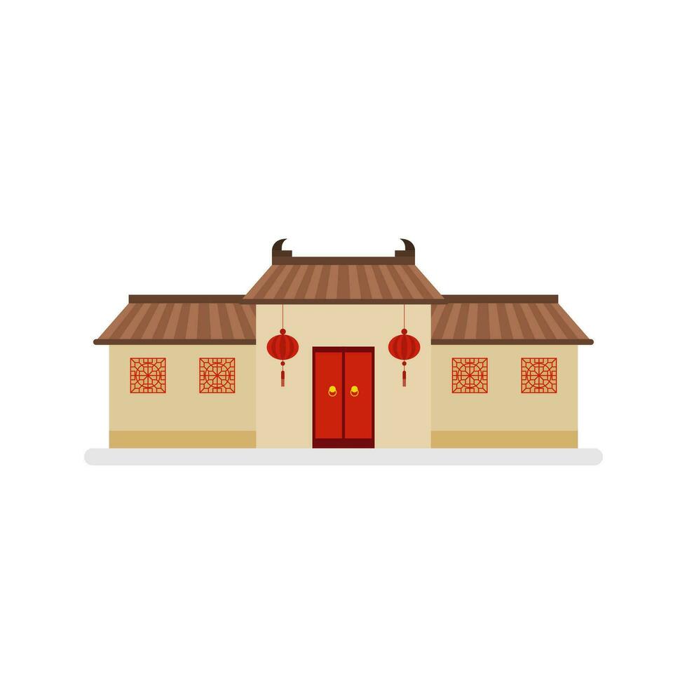 traditional chinese house flat design vector illustration. Cultural Oriental Architecture. China town house facade exterior design. Chinatown city structure,ethnic asian pavilion or temple