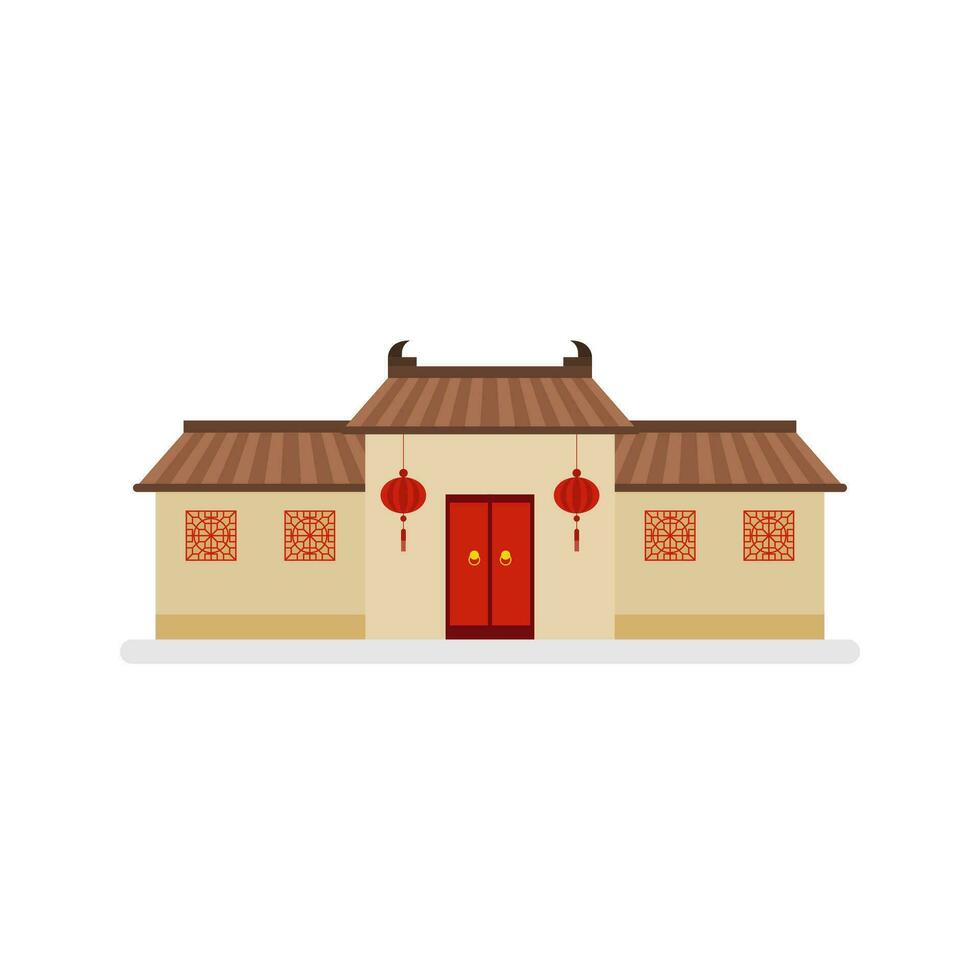 traditional chinese house flat design vector illustration. Cultural Oriental Architecture. China town house facade exterior design. Chinatown city structure,ethnic asian pavilion or temple