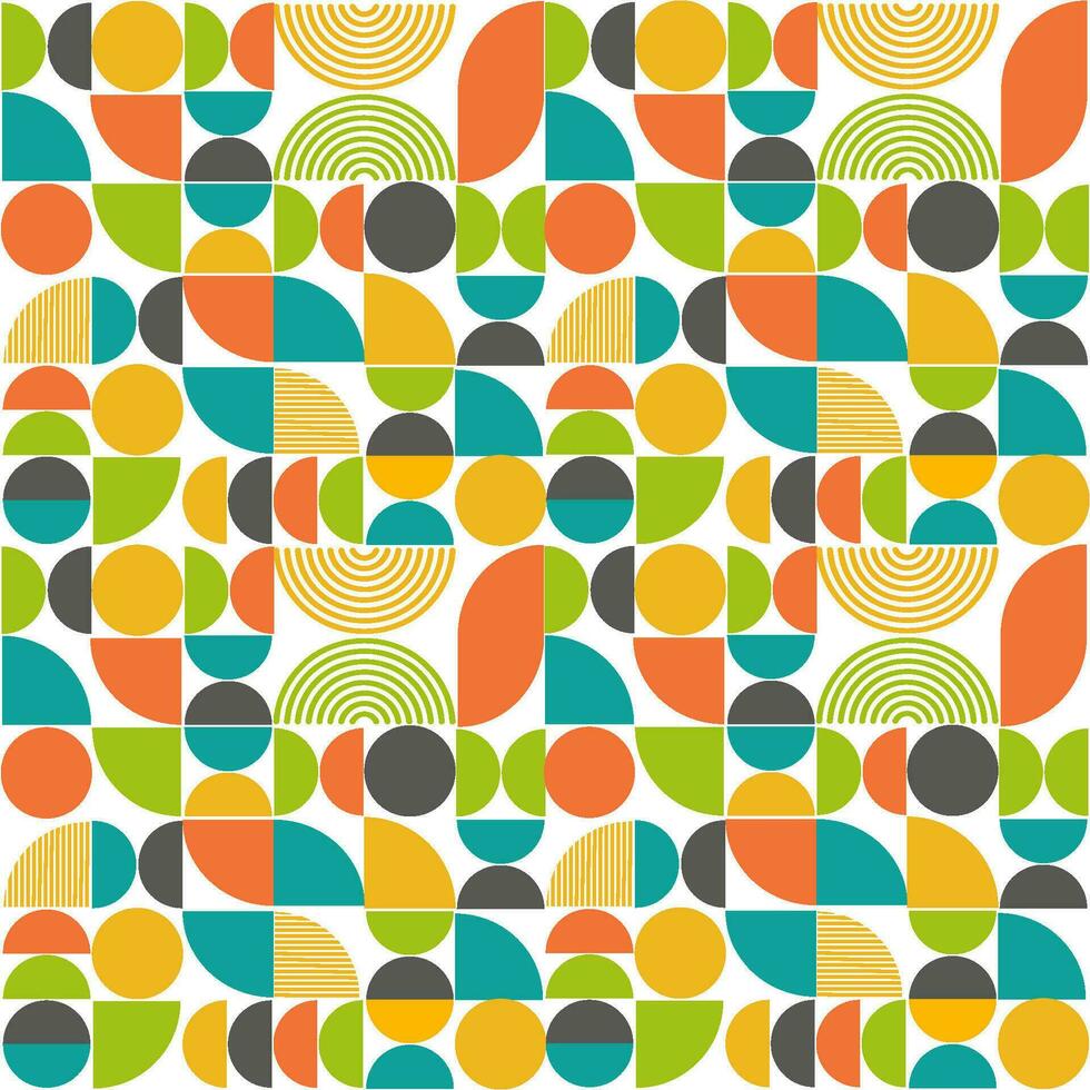 Mid century modern seamless pattern with teal, orange, yellow and green geometric shapes. Abstract vector background.