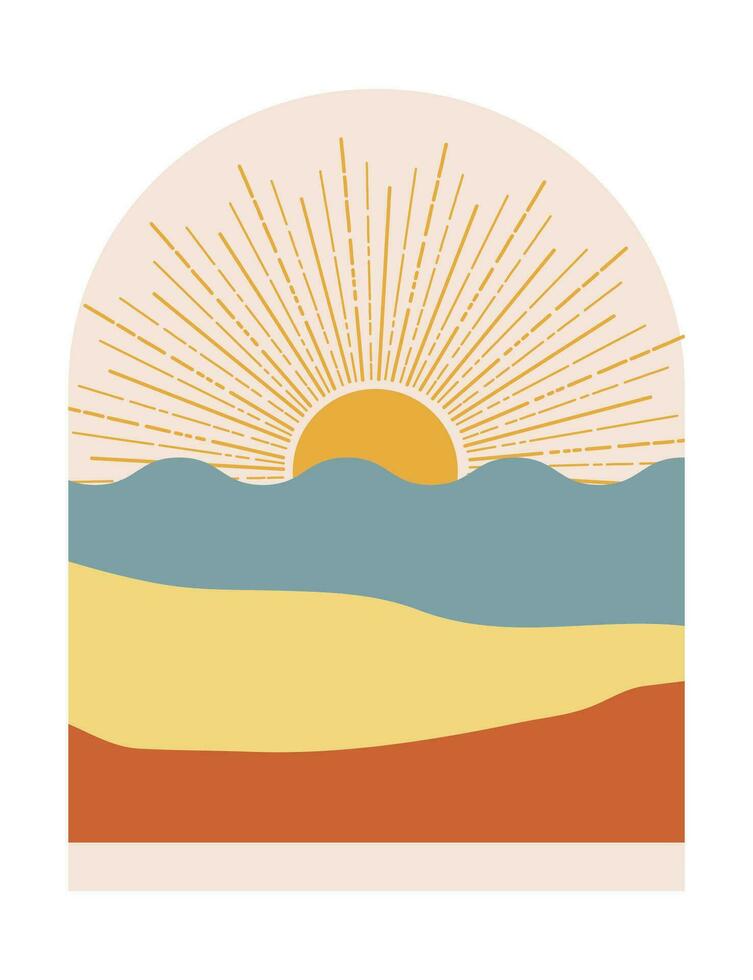 Abstract boho mountains landscape with blue sea and sunshine in the mid century arche. Modern terracotta and yellow vector illustration.