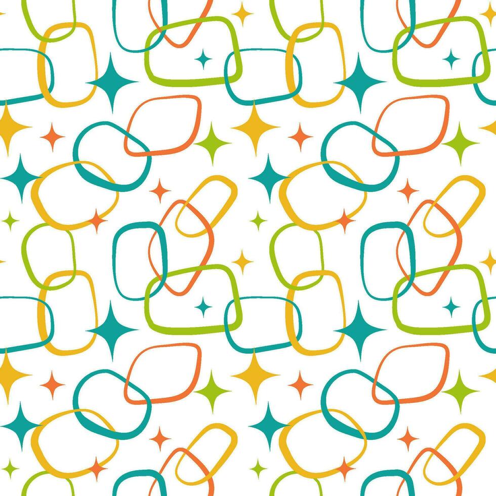 Mid century modern seamless pattern with teal, orange, yellow and green geometric shapes. Abstract vector background.