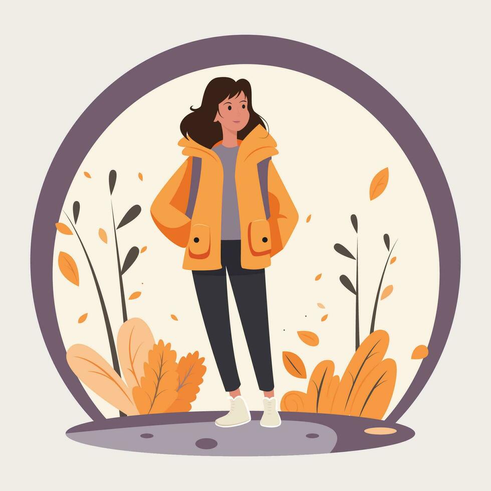 plano ilustración vector icono de niña caminando mediante el otoño hojas