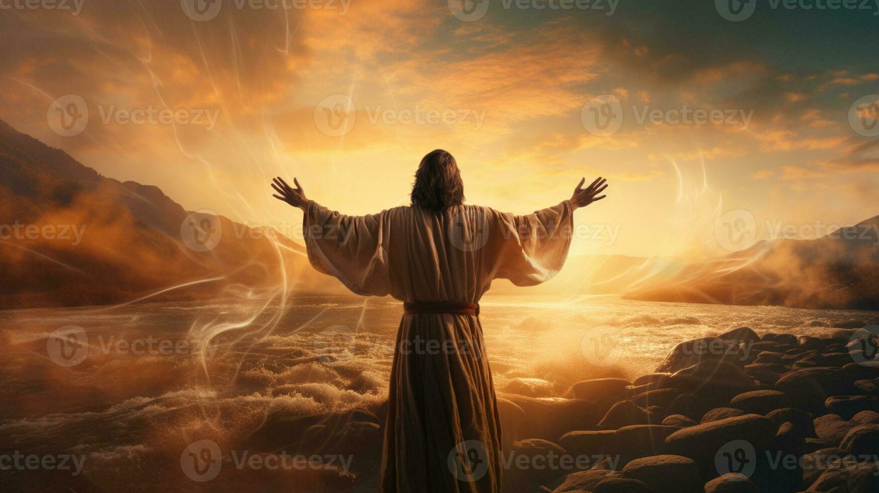 jesus in a grass and sunset sky background Generative AI photo