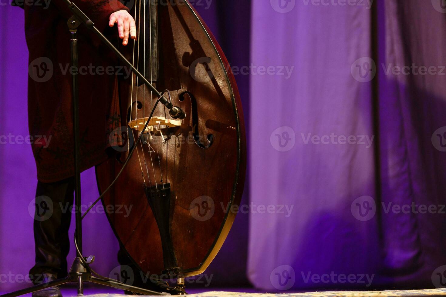 acústico doble bajo jugador. hombre jugando doble bajo en un concierto foto