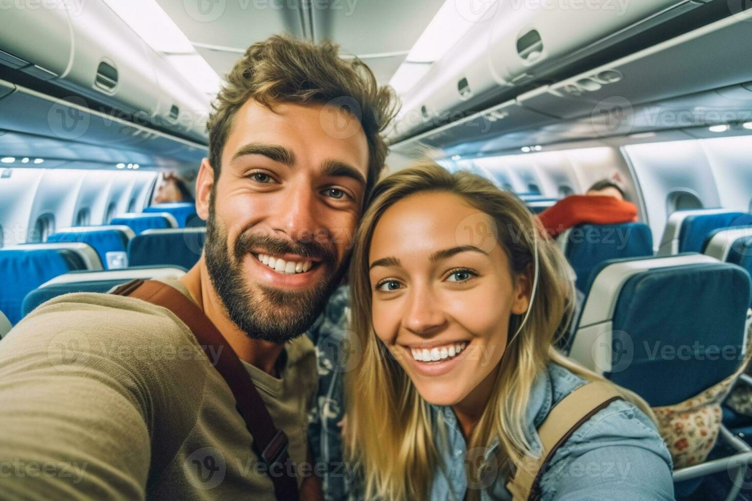 Young handsome couple taking a selfie on the airplane during flight around the world. They are a man and a woman, smiling and looking at camera. Travel, happiness and lifestyle Generative AI photo