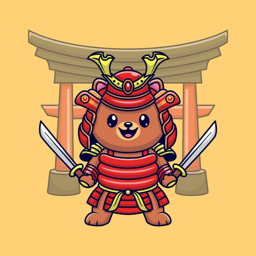 Cute Bear Samurai Warrior Cartoon Vector Icon Illustration.  Animal Fashion Icon Concept Isolated Premium Vector. Flat  Cartoon Style