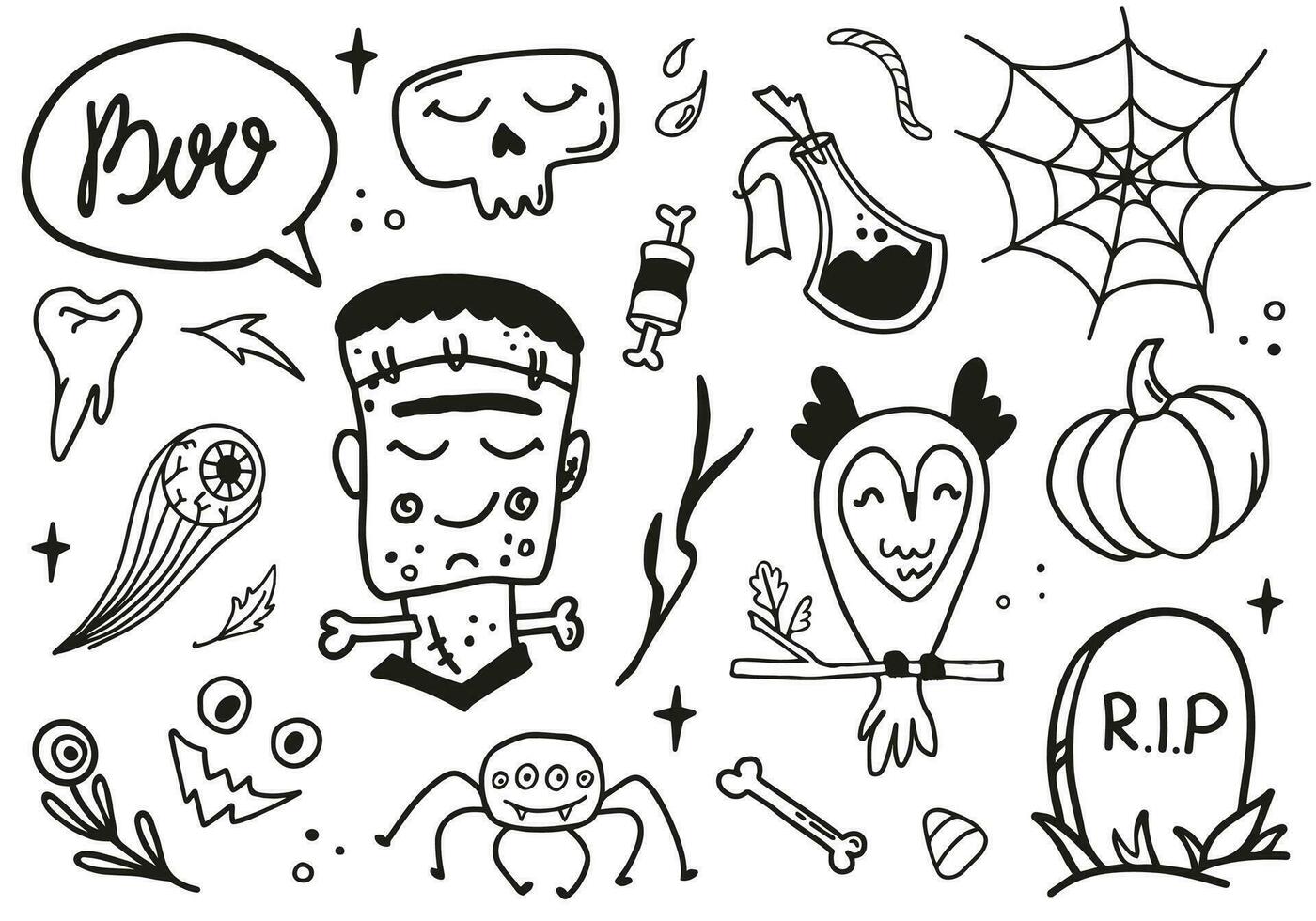 Happy Halloween cute vector set with undead, owl, potion, spider, skull, grave, eyeball isolated on white background. Boo speech bubble lettering quote in doodle style