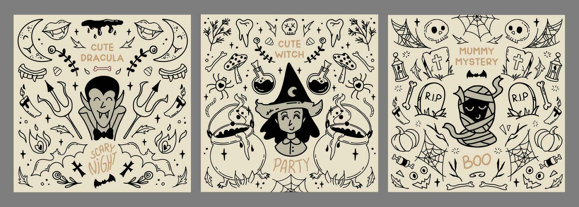 Halloween character set in retro vintage style. Cute mummy, witch and vampire vector