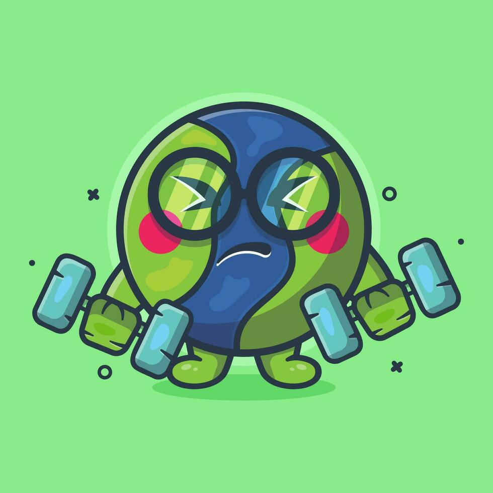 cute earth character mascot doing bodybuilding using dumbbell isolated cartoon in flat style design vector