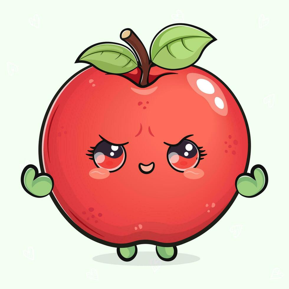 linda gracioso rojo manzana fuerte. vector mano dibujado dibujos animados kawaii personaje ilustración icono. aislado en ligero verde antecedentes. rojo manzana muestra músculos personaje concepto