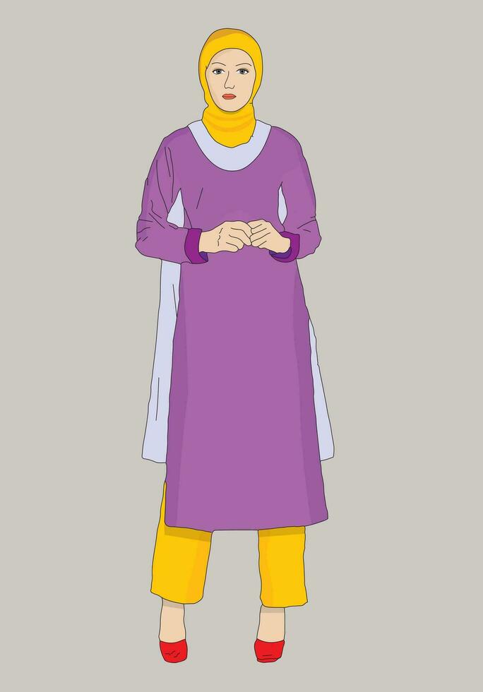 Women wearing traditional Pakistani suit shalwar kameez and  muslim scarf hijab vector
