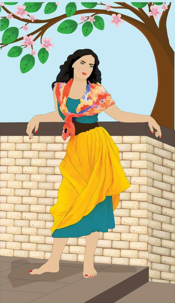 Beautiful British girl standing before wall vector