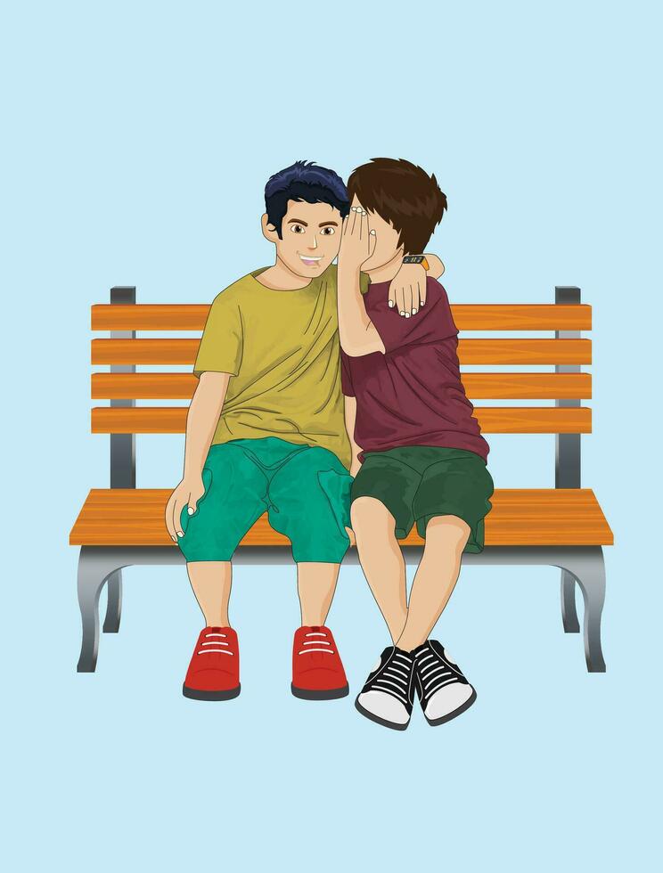 Two children sit on a bench, one whispering a secret into the other's ear while the other opens his mouth in surprise vector