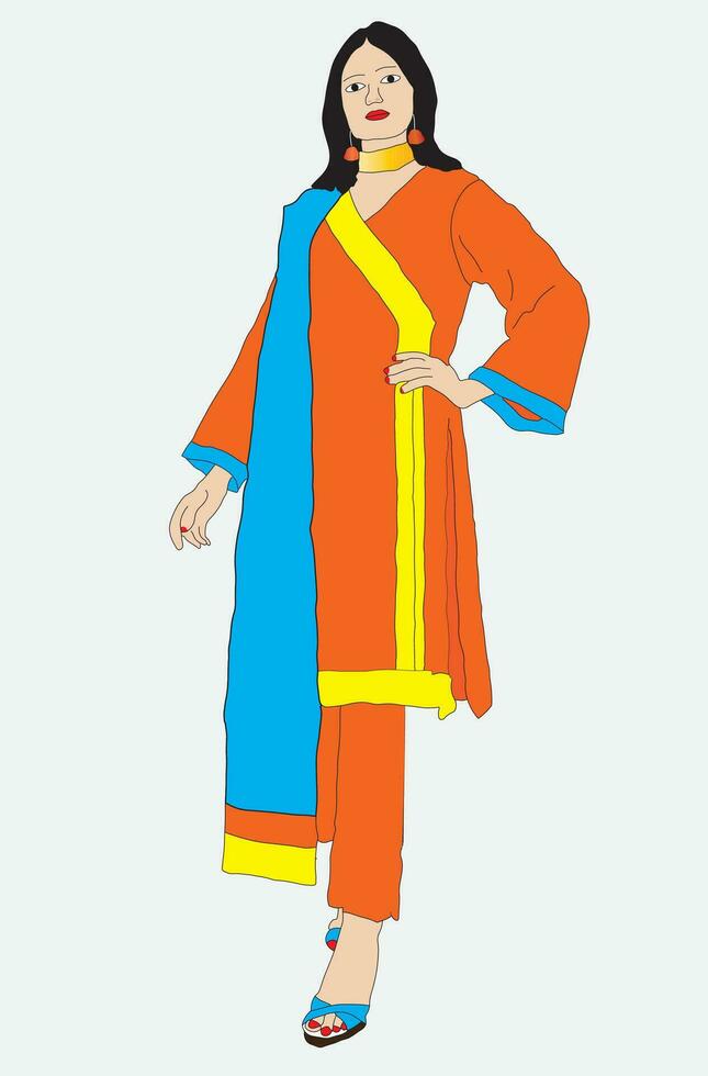 Lady wearing traditional Pakistani suit shalwar kameez and dupatta vector