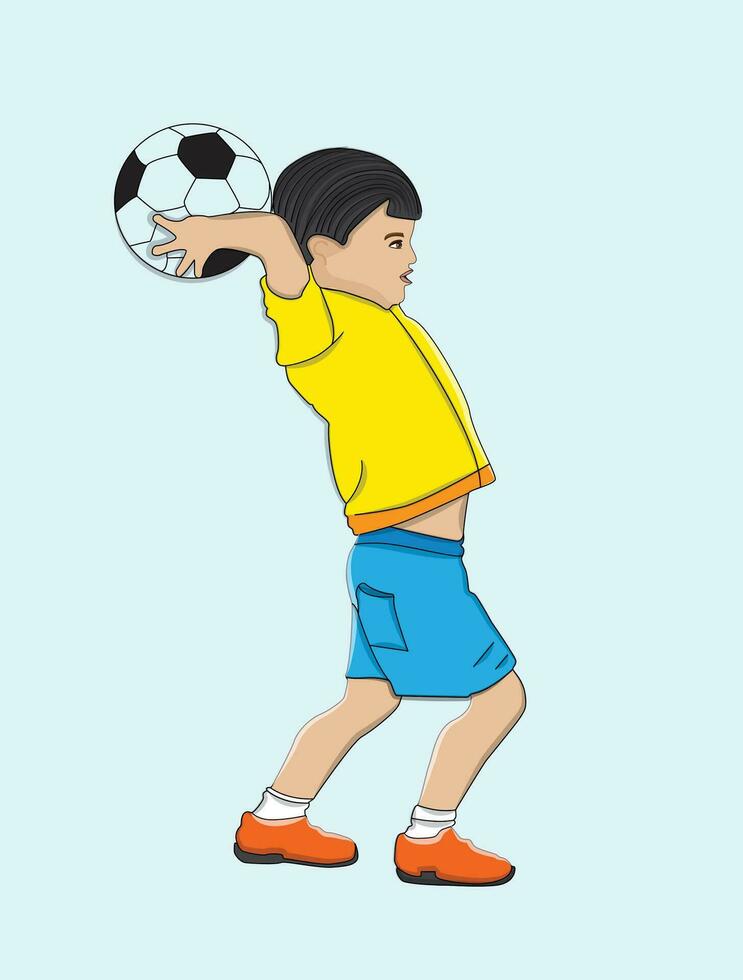 A young boy in a Brazilian soccer jersey throws a football vector