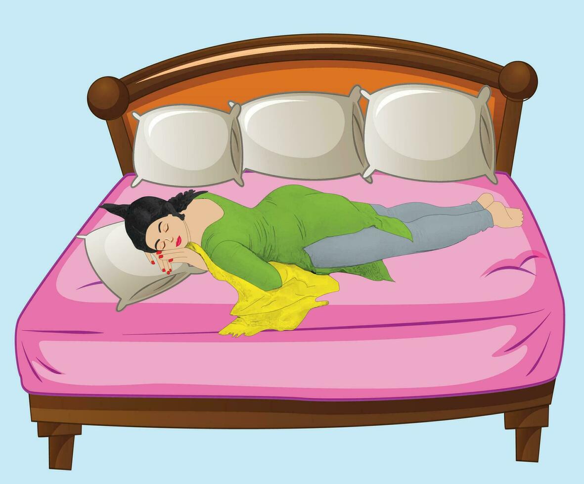 Lovely lady in kurta pajamas sleeping on a bed vector