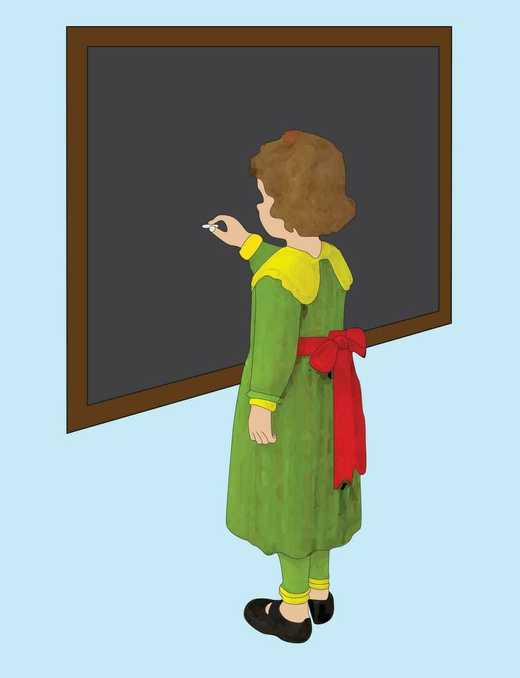 Little girl wearing frock and writing on a black board vector