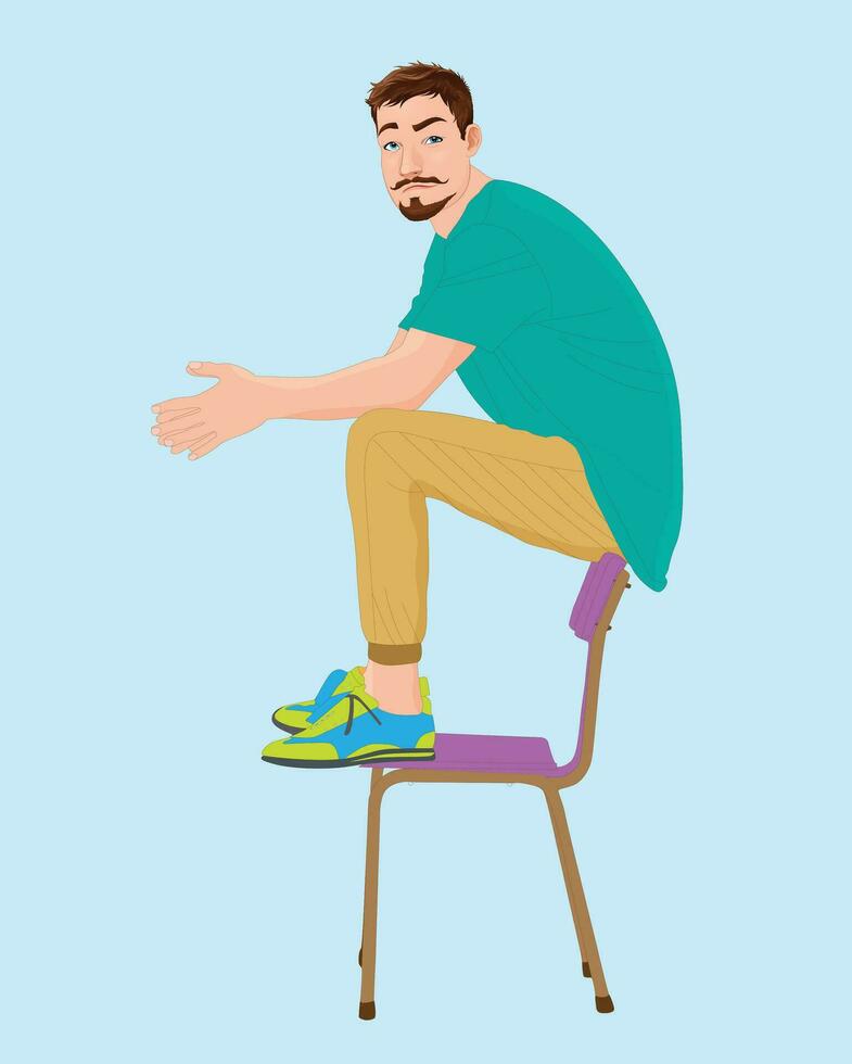 un hermoso chico poses en un silla vistiendo un camiseta, pantalones, y lentes vector