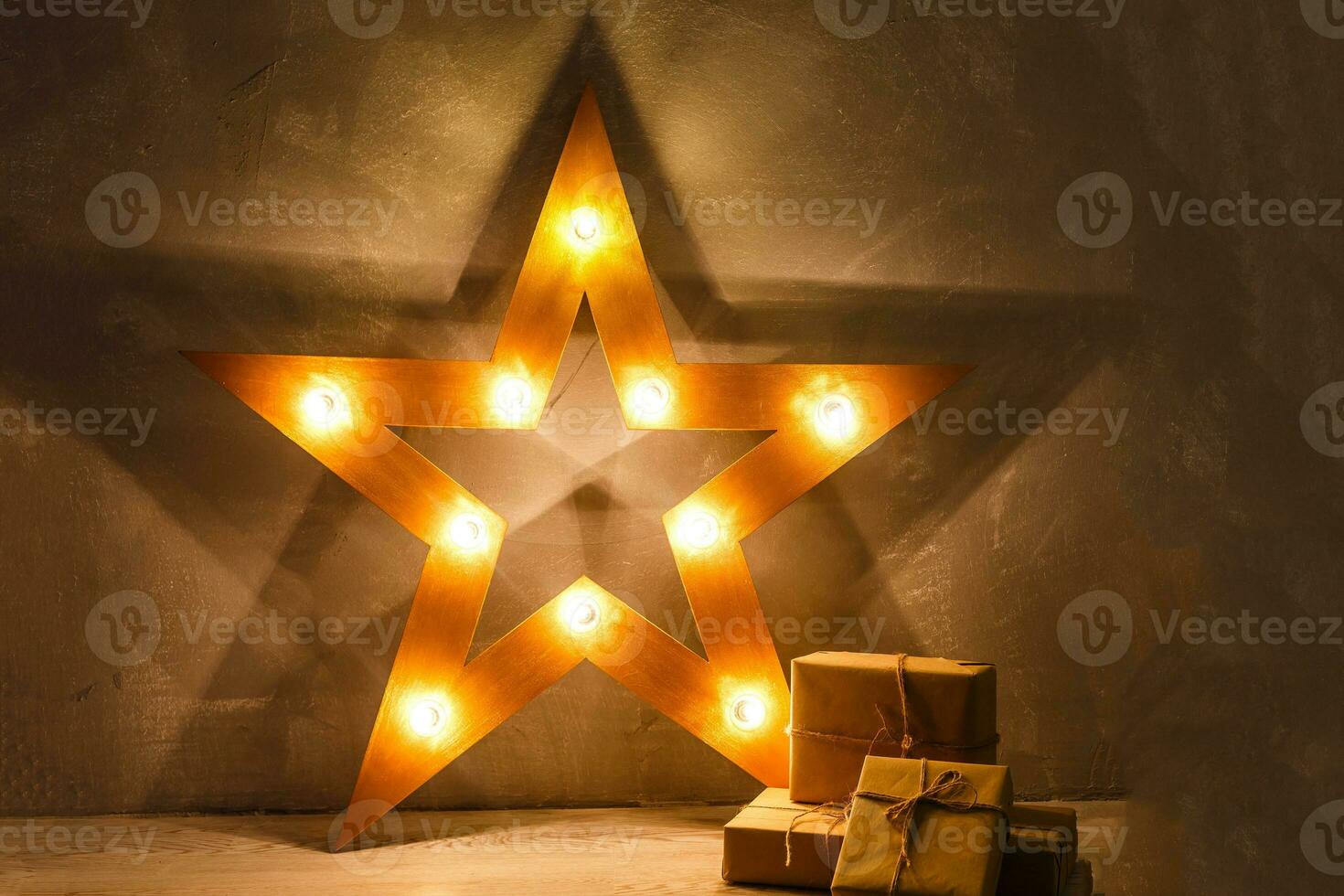 Christmas light stars vintage rustic wooden background decoration photo